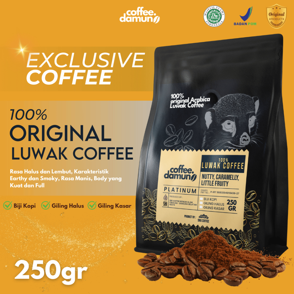 

Exlusive Series Beans Kopi Biji Giling 100% PLATINUM Coffee Luwak Liar Asli Gayo Aceh 250gr