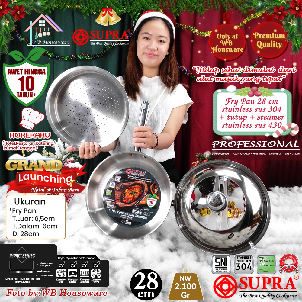 SUPRA Panci fry pan set 28cm + steamer + tutup kaca viliron stainless steel SUS 304 professional che