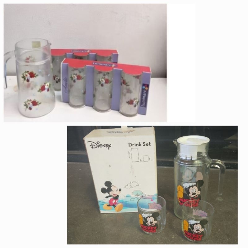 LUMINARC DRINK SET PITCHER TEKO JUG + GELAS CANGKIR MUG FLOWER BUNGA MICKEY MOUSE