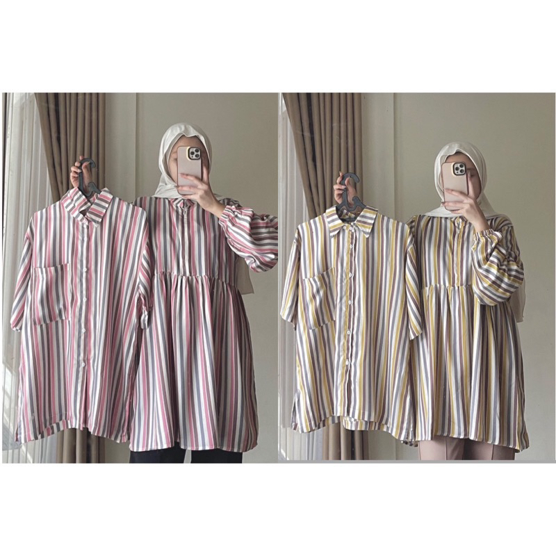 Set Tunik dan Kemeja Salur Couple Wanita Pria Dewasa Casual Warna Pastel Kerja Baju Pasangan Panjang
