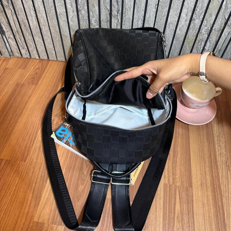 RK Tas Ransel Wanita Korea Kulit Hitam Catur Backpack Cewek Sekolah Kuliah Kerja Gendong