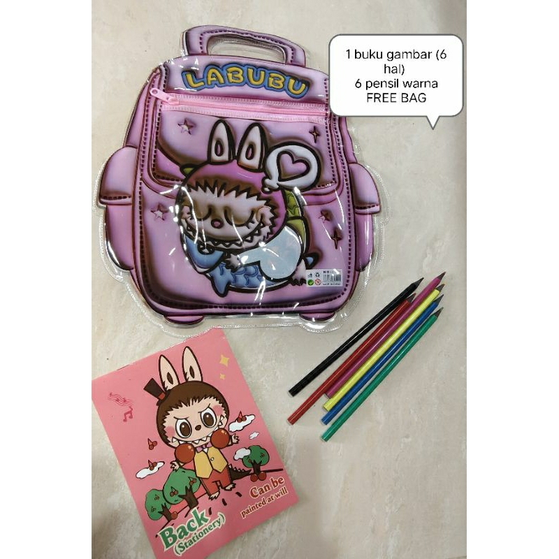 Tas mewarnai labubu / pensil warna set labubu / buku mewarnai labubu