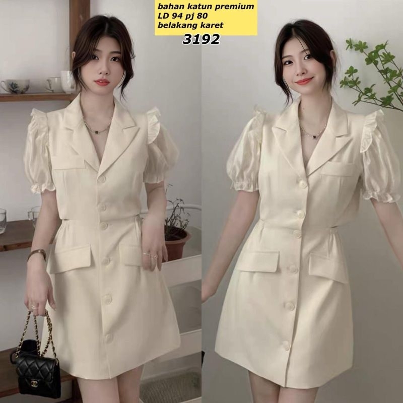 3192 Dress jas korea lengan kerut cantik Dress kancing kerah