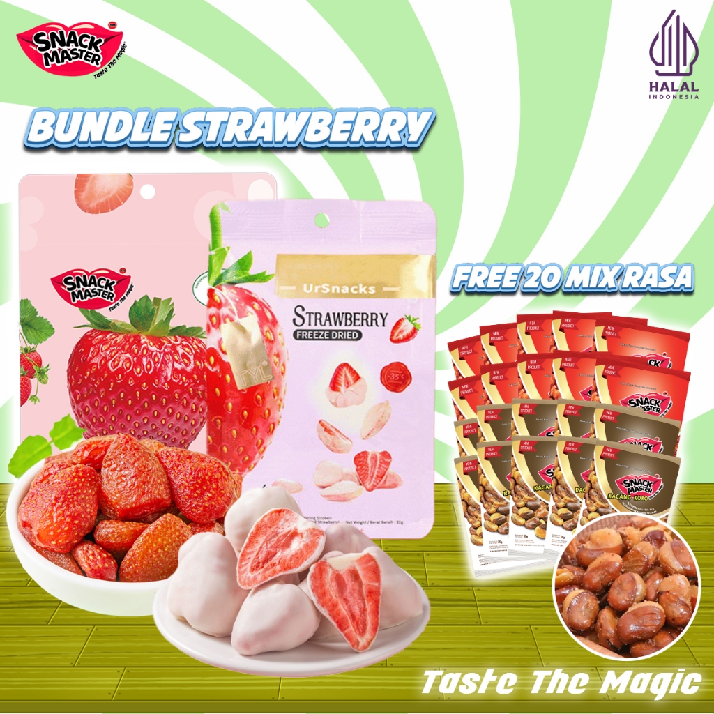 

[BUNDLE STRAWBERRY FREE 20 KORO, BUNDLE DURIAN FREE 20 KORO] Bundle inmei dan ursnack strawberry GRATIS 20pcs koro rasa mix balado dan bbq/cemilan food makanan/buah kering/manisan buah/kacang koro/snack halal
