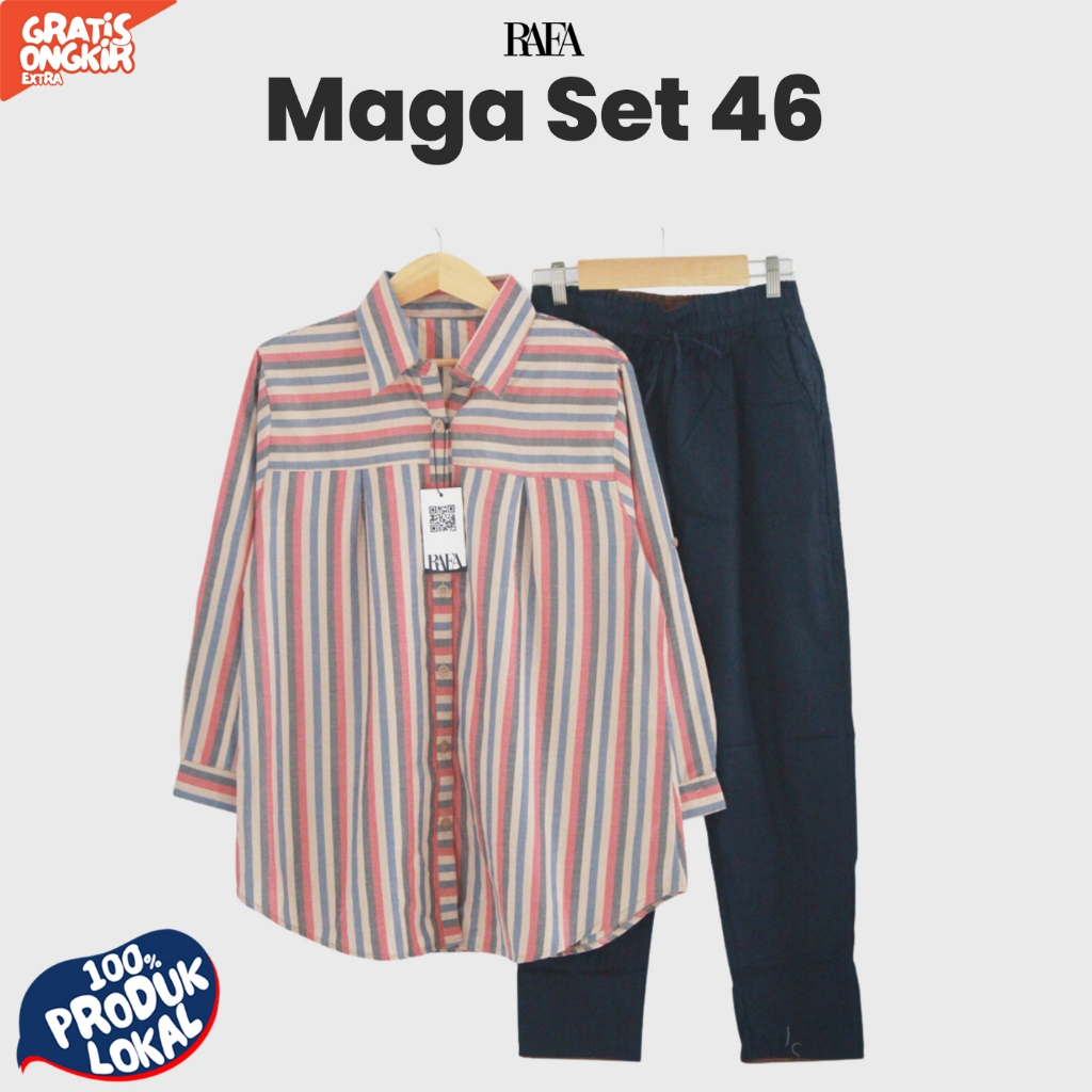 Setelan Kemeja Wanita Maga Set 46 Motif Garis Bahan Katun Yanded Ukuran Jumbo LD 120 By Anty