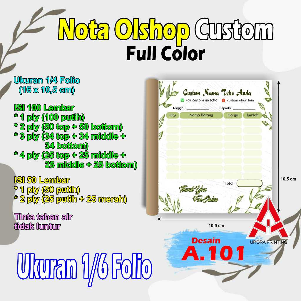 

Cetak Nota Full Color Ukuran 1/6 Folio Gratis Desain sesuai Nama Toko Pembeli isi 100 Lembar
