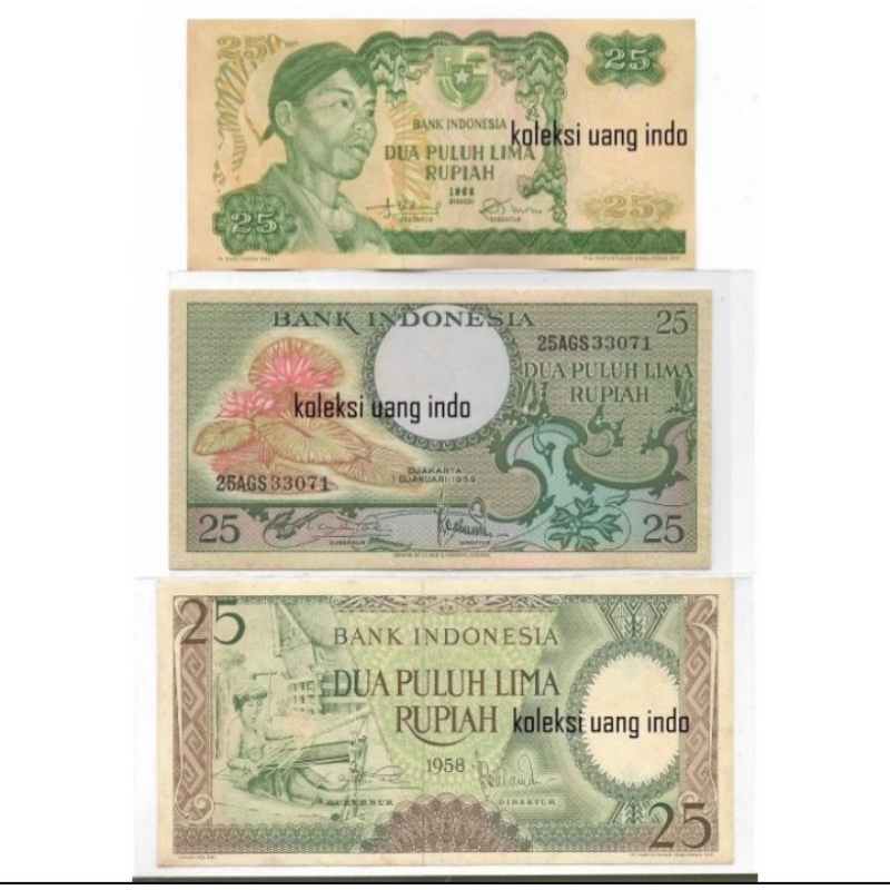 uang kuno indonesia set isi 3 lembar pecahan 25 rupiah beda generasi asli