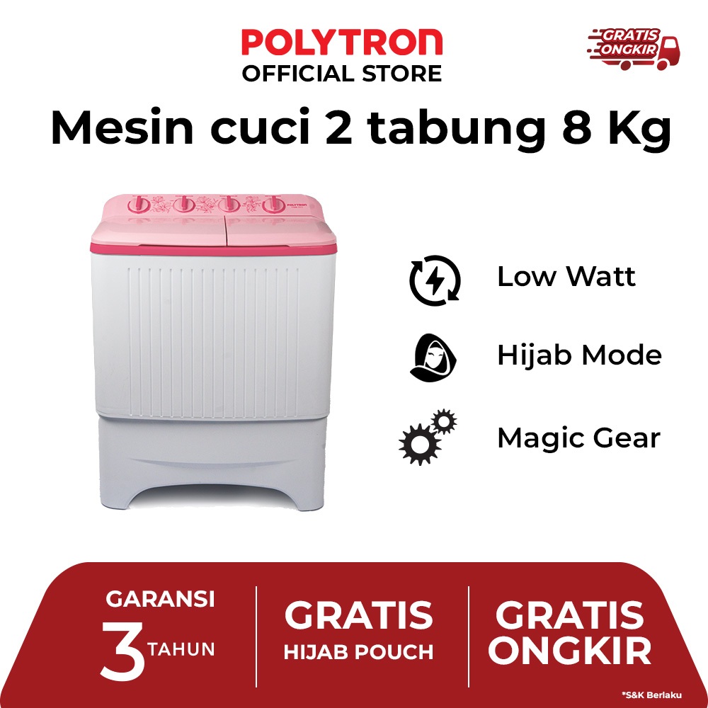 POLYTRON Mesin Cuci 2 Tabung Giant Series  8 KG - PWM 8073P