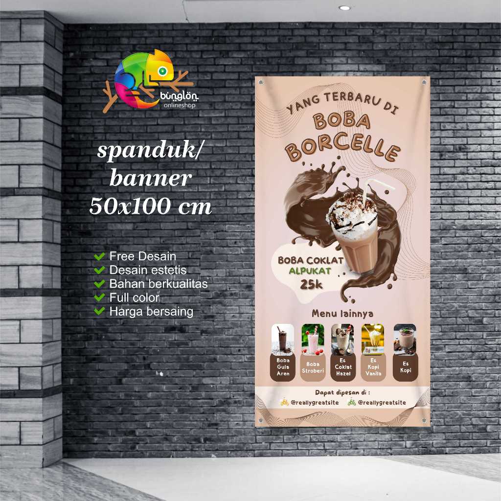 Cetak Spanduk Banner Promosi keren boba es coklat minuman kekinian