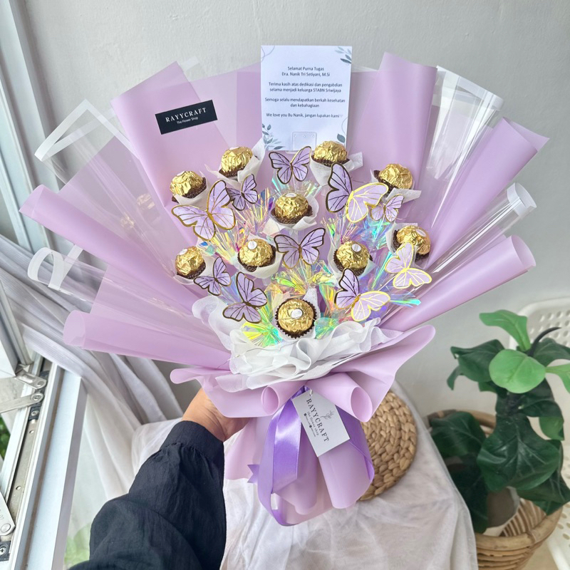 Buket Bunga Artificial Ferrero 10 pcs Coklat Ferero Bucket Kupu Bunga artificial