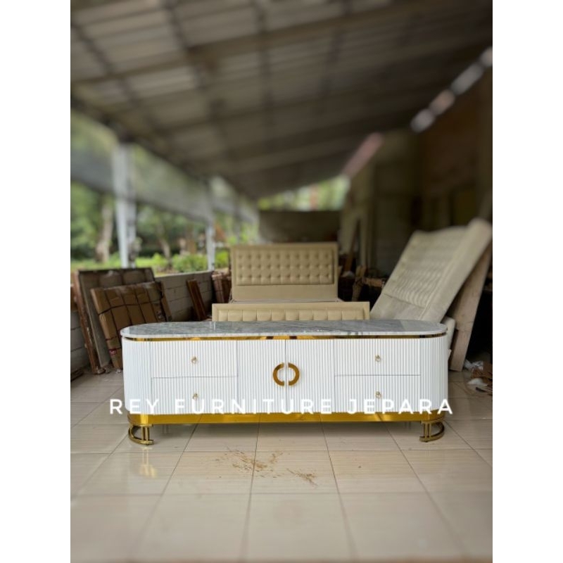BUFET TV MINIMALIS STAINLESS MODERN, MEJA TV MINIMALIS MODERN STAINLESS MARMER PUTIH CARARA IMPORT