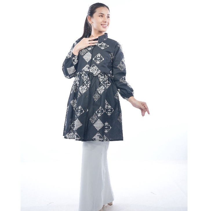 Potongan BATIK TRUSMI Tunik Batik Wanita Atasan Wanita Jumbo Batik Mendung Kombinasi Prsm Hitam