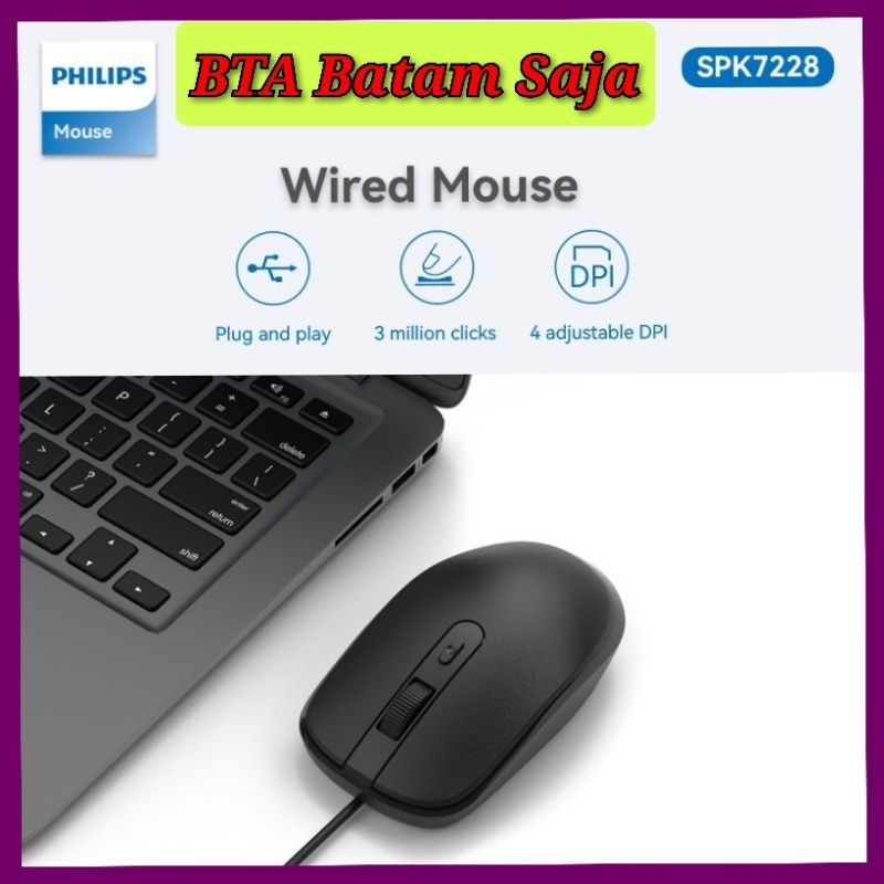 Mouse kabel PHILIPS SPK7228 B Hitam/mouse wired (KIRIM BATAM SAJA)