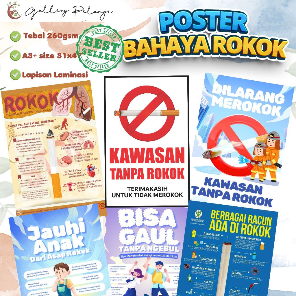 

Poster Bahaya Rokok, Dilarang Merokok Untuk Sekolah, Instansi dan Umum Laminasi Wipe Clean A3