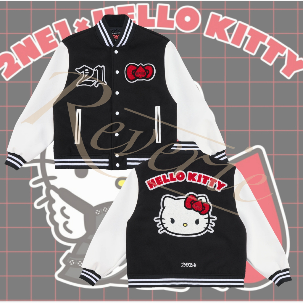 JAKET VARSITY HELLOKITTY X 2NE1 OUTER BOMBER JACKET KPOP OUTFIT IDOL MERCH JAPAN BLACKJACK WELCOME B