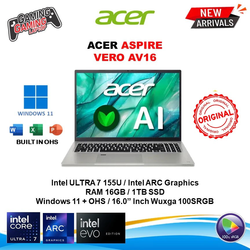 ACER Aspire Vero AV16 Ultra 7 155U Ram 16GB 1TB SSD W11 OHS 16.0Wuxga 100SRGB Backlit EVO