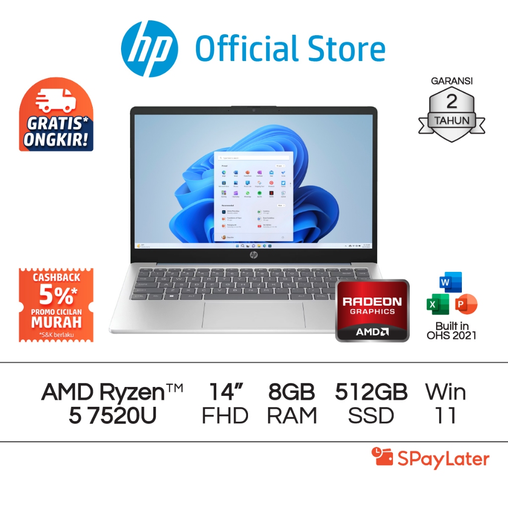 Spaylater 0% - Laptop HP 14-em0016AU Ryzen 5 7500U Radeon 8GB RAM 512GB SSD W11 14 Inch AMD Garansi 