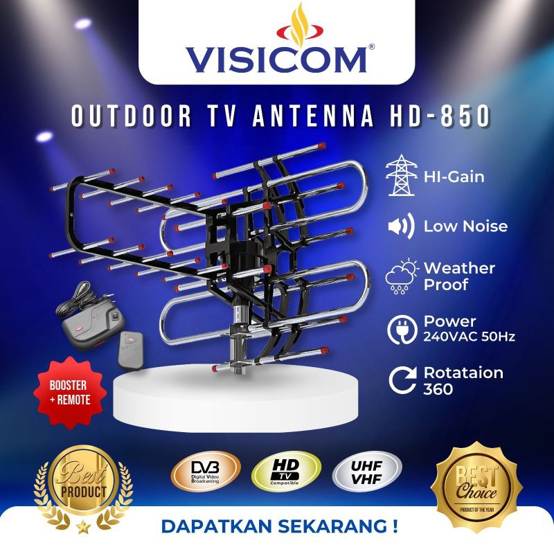 antena tv outdoor + remote control + booster tv VISICOM HD850 antena tv luar ruangan