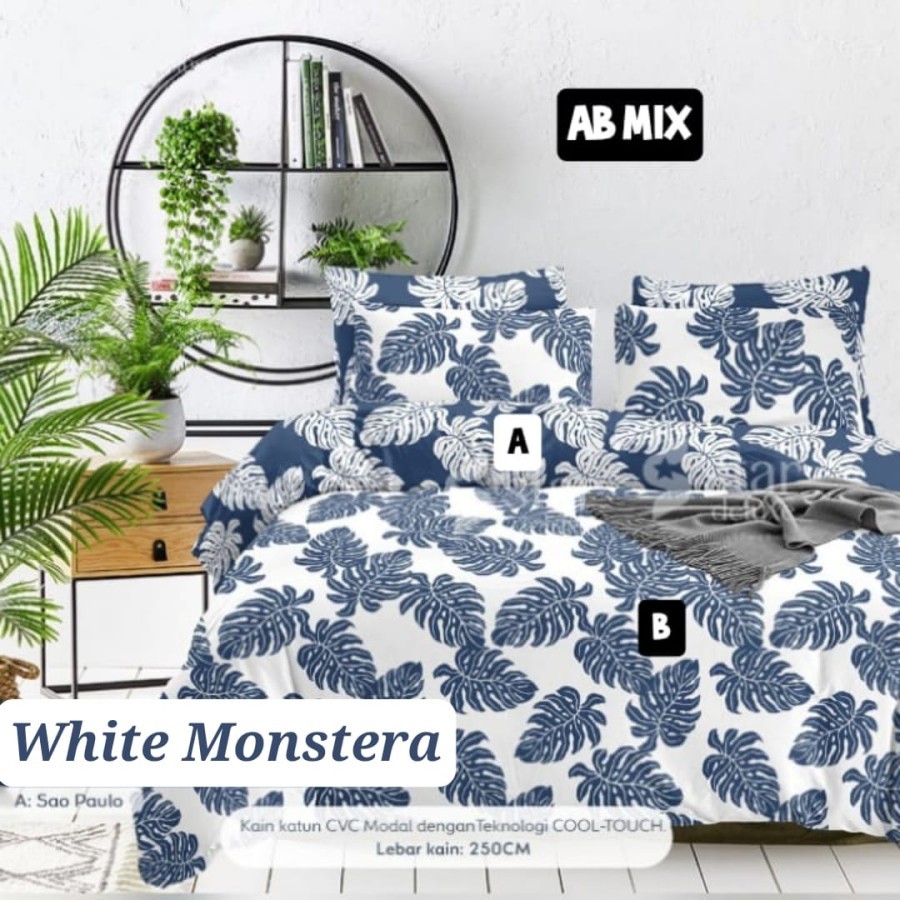 Sprei Katun Motif Daun Floral White Monstera | Seprei Dewasa Cewek Cowok } Sprei Homemade Lembut