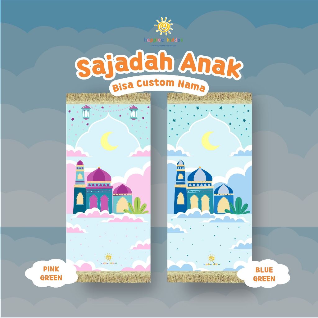 Sajadah Anak Motif Pink & Blue Pastel - Gratis Pakai Nama - Sajadah Printing Halus Ada Busa Antislip