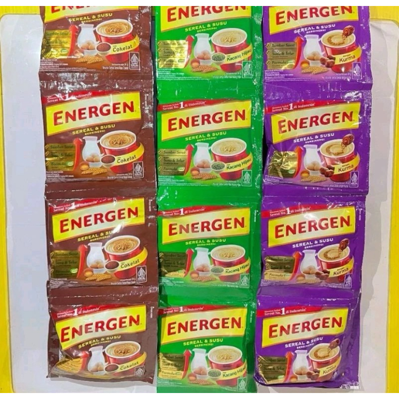 

Energen Rasa Vanilla/Coklat/Kacang hijau/Kurma 1 Renceng Isi 10 Sachet