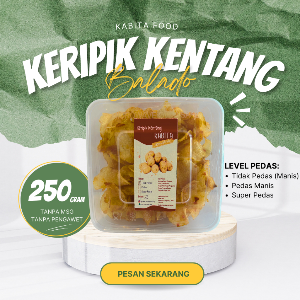 

Keripik Kentang Balado Kabita 250g - (Thinwall 1500ml) Cemilan Daun Jeruk Pedas Manis No MSG