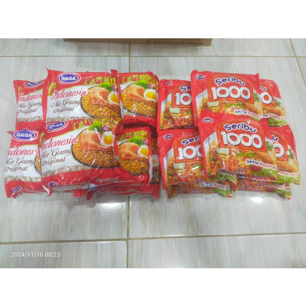 

Paket 30 Bungkus : 15 Mie Gaga 1000 Seribu Goreng , 15 Bungkus Mie Gaga Goreng Special Kenyal