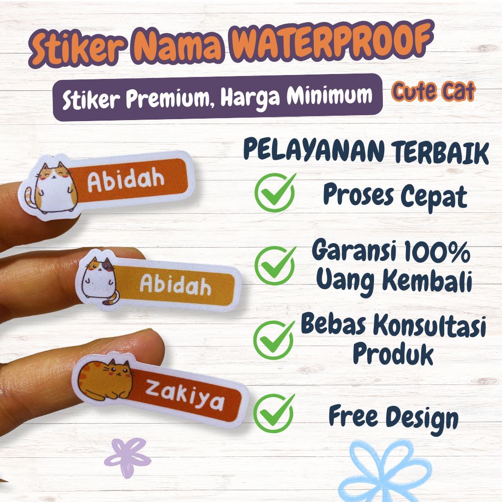 

28 PCS Stiker Nama Label Custom Waterproof - Cute Cat [PURNAMA STICKER]