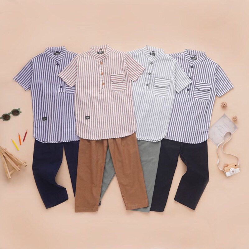 Setelan Koko Set Koko Salur bahan katun salur dan salur linen