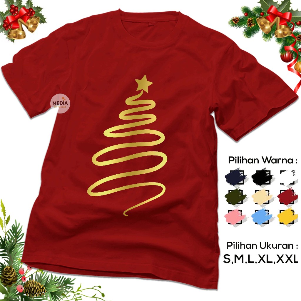 Kaos Baju Natal Merry Christmas Tree Siluet Gold - Kaos Family Couple Rohani Kristen Xmas Kualitas D