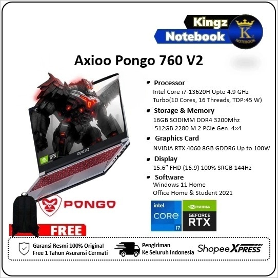 AXIOO Pongo 760 V2 RTX4060 Core i7 13620H 16GB 512GB Win11 15,6" FHD 144Hz