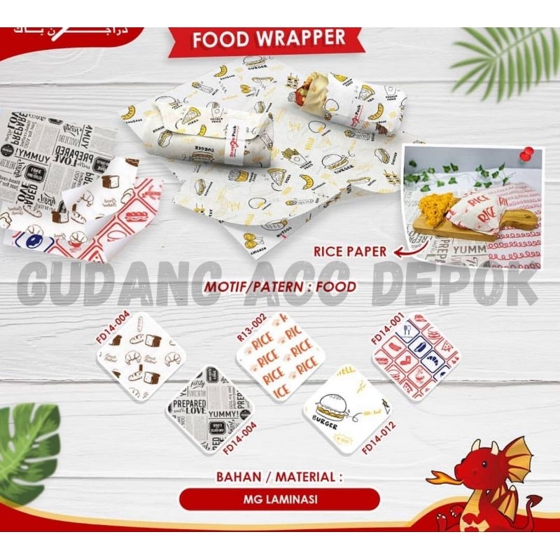 KERTAS NASI MOTIF 18X18 CM / PAPER WARP 100 PCS PRINTING LAMINASI FOOD GRADE BURGER KEBAB DRAGON PAC