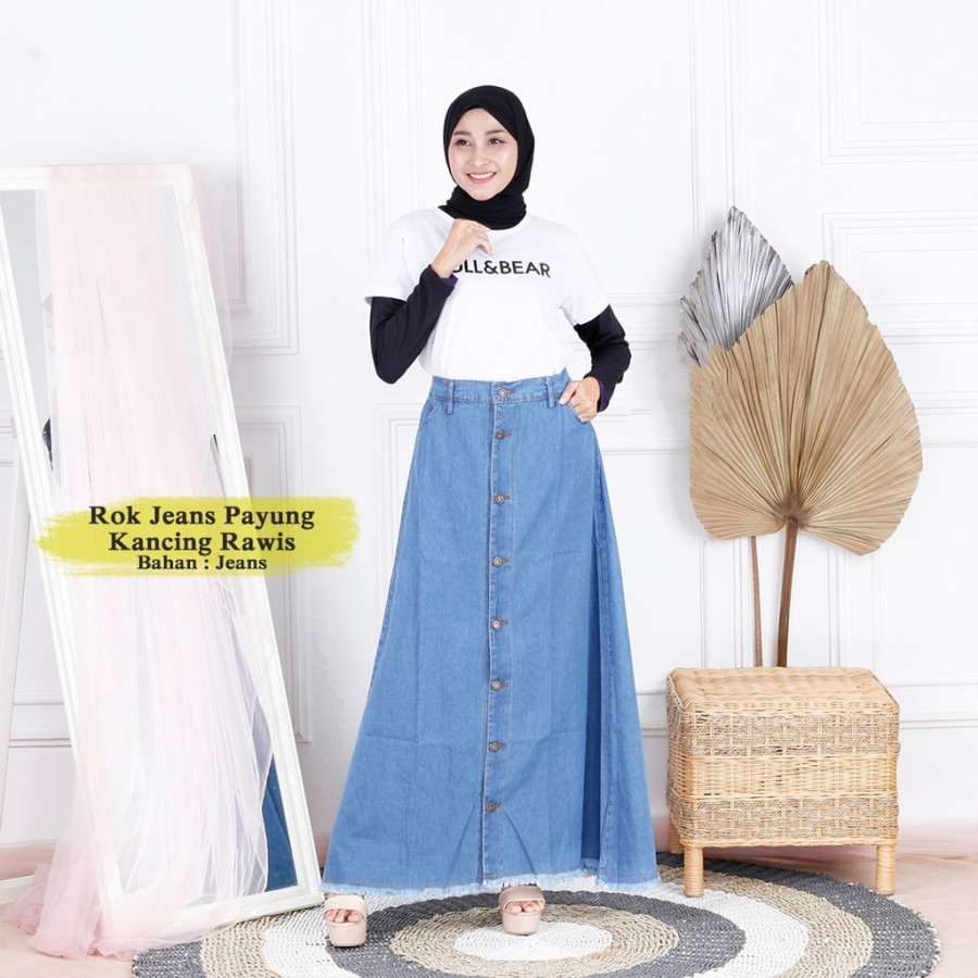 Rok Jeans Rawis Span Panjang Higwaist A-Line Rok Jeans Premium