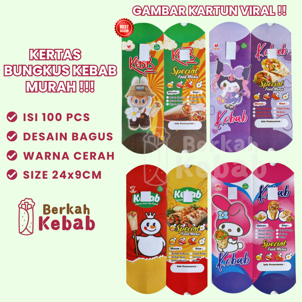 

KERTAS BUNGKUS KEBAB MURAH ISI 100 PCS ANEKA VARIAN GAMBAR 24CM x 9CM BUNGKUS KEBAB - KEMASAN KEBAB - WADAH KEBAB - KOTAK KEBAB