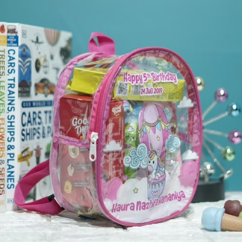 

Custom Tas Ransel Anak Bahan Mika bening kombinasi print, cocok untuk ultah, hampers, event Birthday