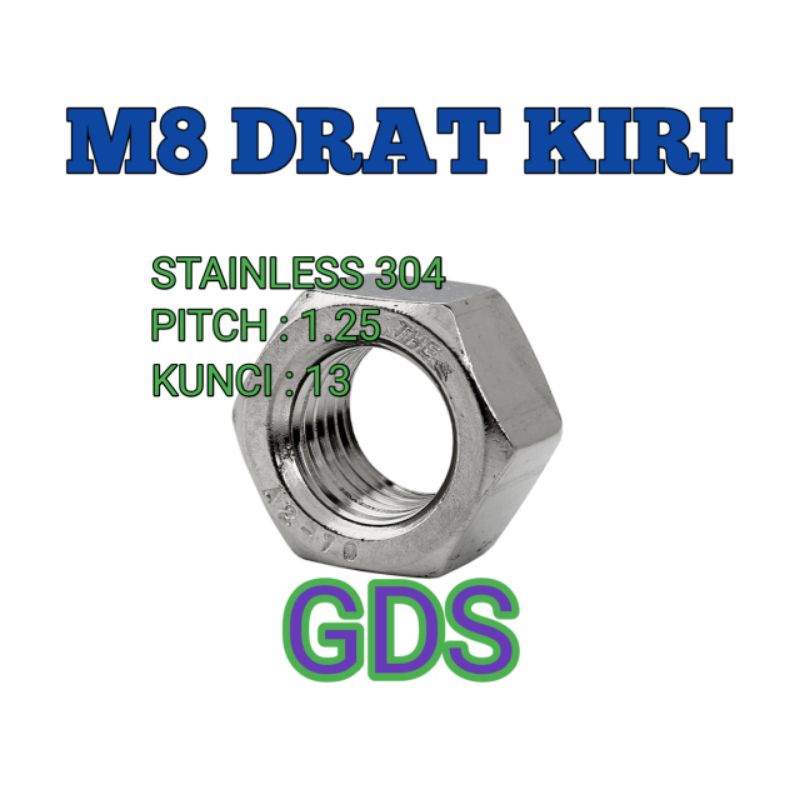 M8 Mur Drat Kiri Kunci 13 / Mur Hex M8 Drat Kiri Stainless 304