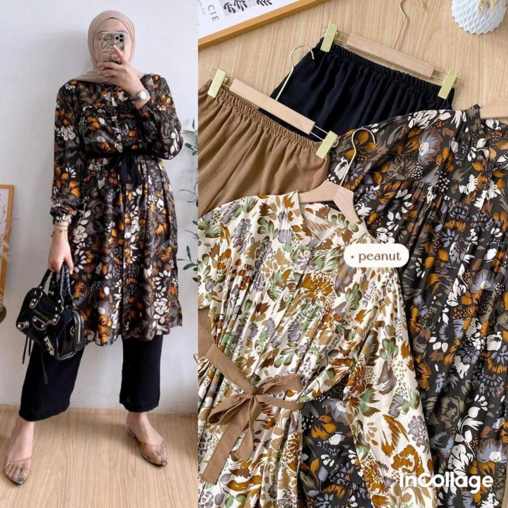 VEZLY SET VIRAL SETELAN TUNIK TALI PINGGANG TERLARIS TUNIK MOTIF BUNGA KEKINIAN PAKAIAN KERJA WANITA