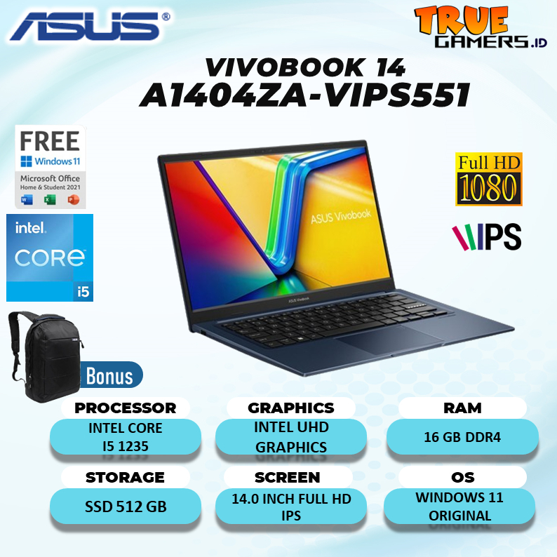 LAPTOP ASUS VIVOBOOK 14 A1405ZA & A1404ZA I5 GEN 12  16GB 512SSD W11+OHS 14.0 WUXGA GARANSI RESMI