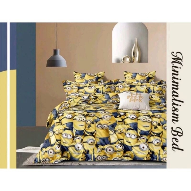 BEDCOVER SET KATUN PREMIUM SINGLE 90 100 120 MOTIF MINION MICKEY KUCING CAT KEROPI IKAN FISH DINO DI