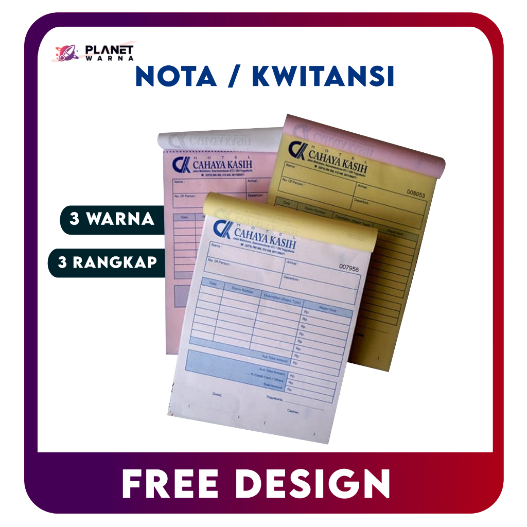 

Cetak Nota Costum 1/3 Ply 3 Warna Gratis Desain Grastis Nota, Kuitansi Murah Berkualitas