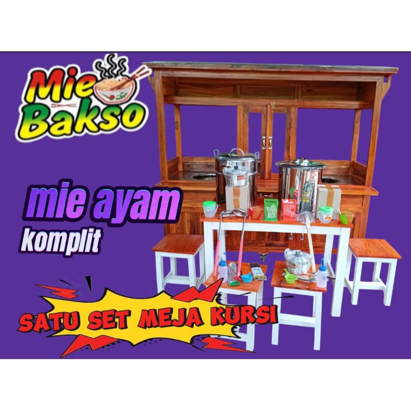 GEROBAK MIE AYAM BAKSO KOMPLIT  DAN SATU SET MEJA KAYU MAHONI