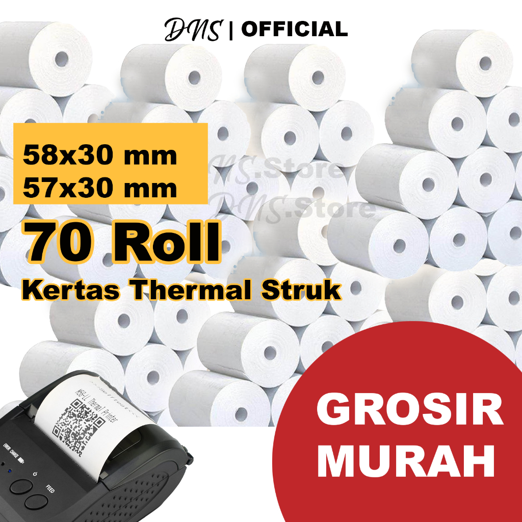 

(Paket Usaha Murah) 70 PCS KERTAS THERMAL KASIR STRUK ROLL 58MM KUALITAS TEBAL 58X30 / 57X30 CORELESS TANPA TULANG LEBIH PANJANG TERMAL EDC ROLL STRUK