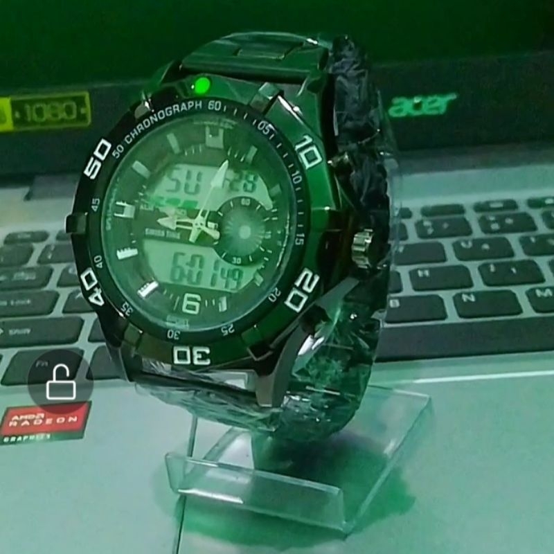 Bisa Cod Jam Tangan Pria Dual Time Swiss Made Time Army Tali Rantai Stainless