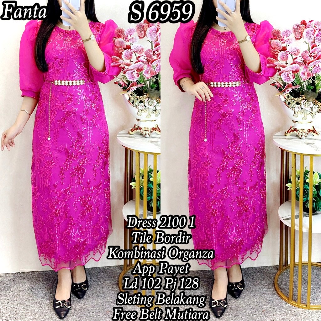 6959 Longdress Tile Payet Kombinasi organza Free Belt Mutiara