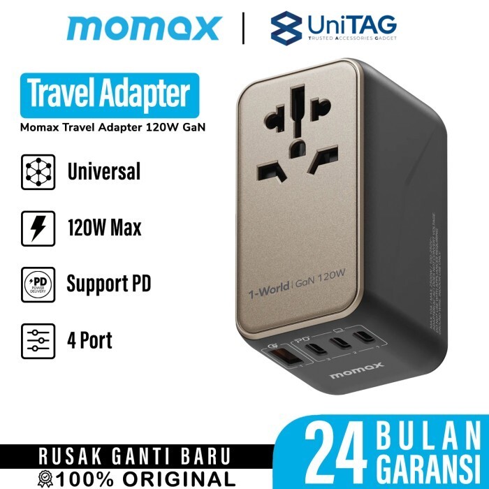 Universal Travel Adaptor Charger GaN MOMAX 1-World Fast Charging Type C PD 120W Type A USB 4 Port US