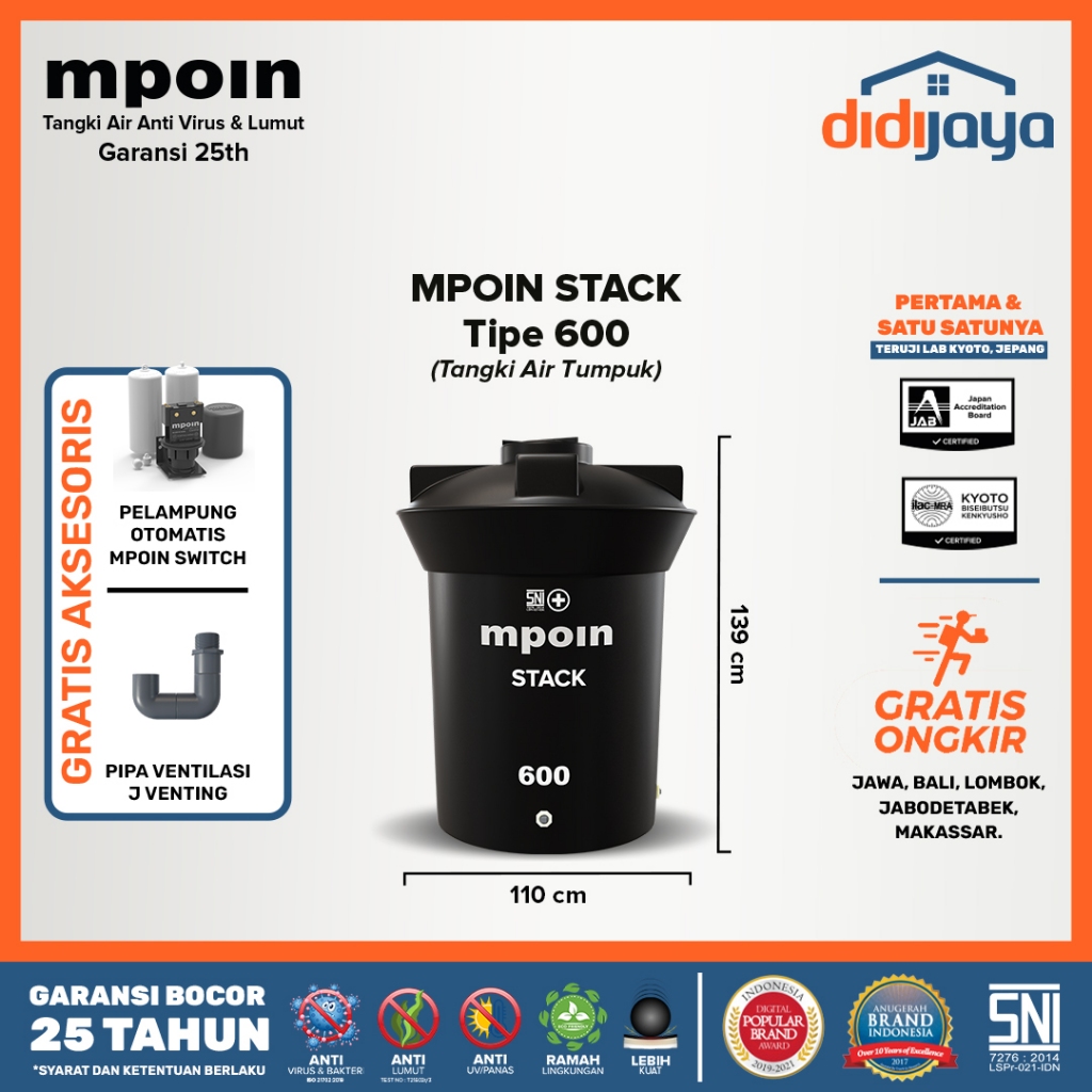 Toren Tandon Air MPOIN Stack 600 Anti Bakteri | Tandon Air Anti Lumut | Garansi 25 Tahun