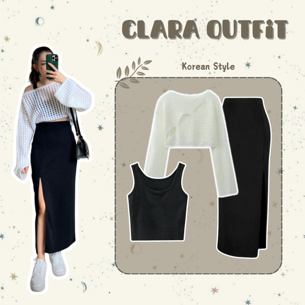 Setelan Clara Outfit {Outer Putih+Tanktop Hitam+Rok Span Belah Samping Hitam }One Set Korean Style