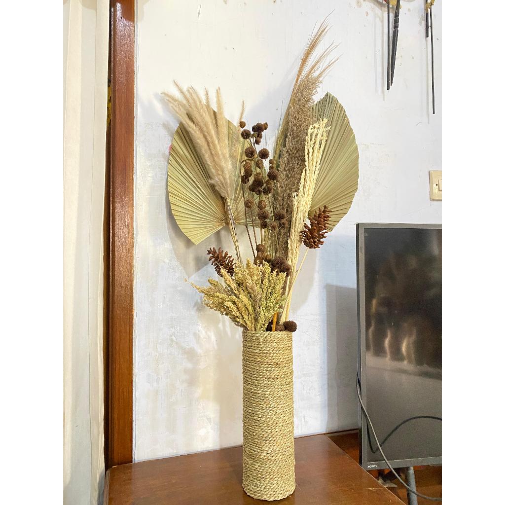 Paket Bunga Kering dan Pot Murah/Paket Hemat Bunga Kering/Daun Palem Kering/Pampas/Rayung/Hiasan