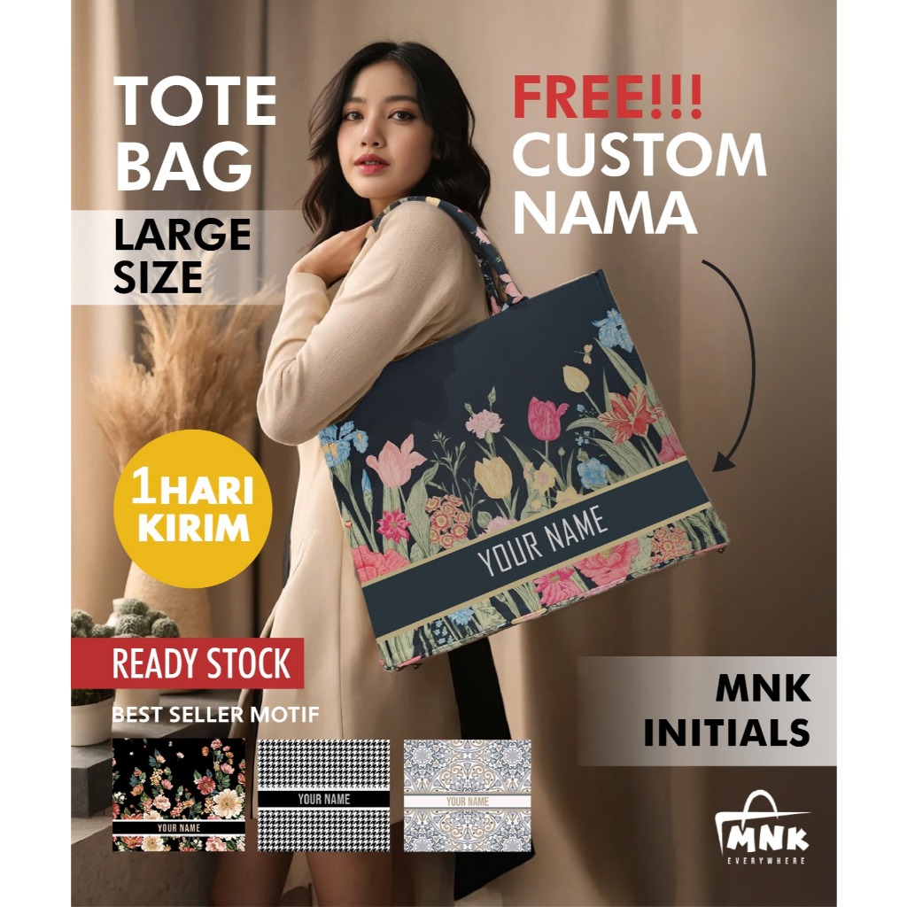 Tas wanita, Tote Bag Large Ukuran Besar Kanvas Premium Custom Nama Gratis, Banyak Pilihan Motif