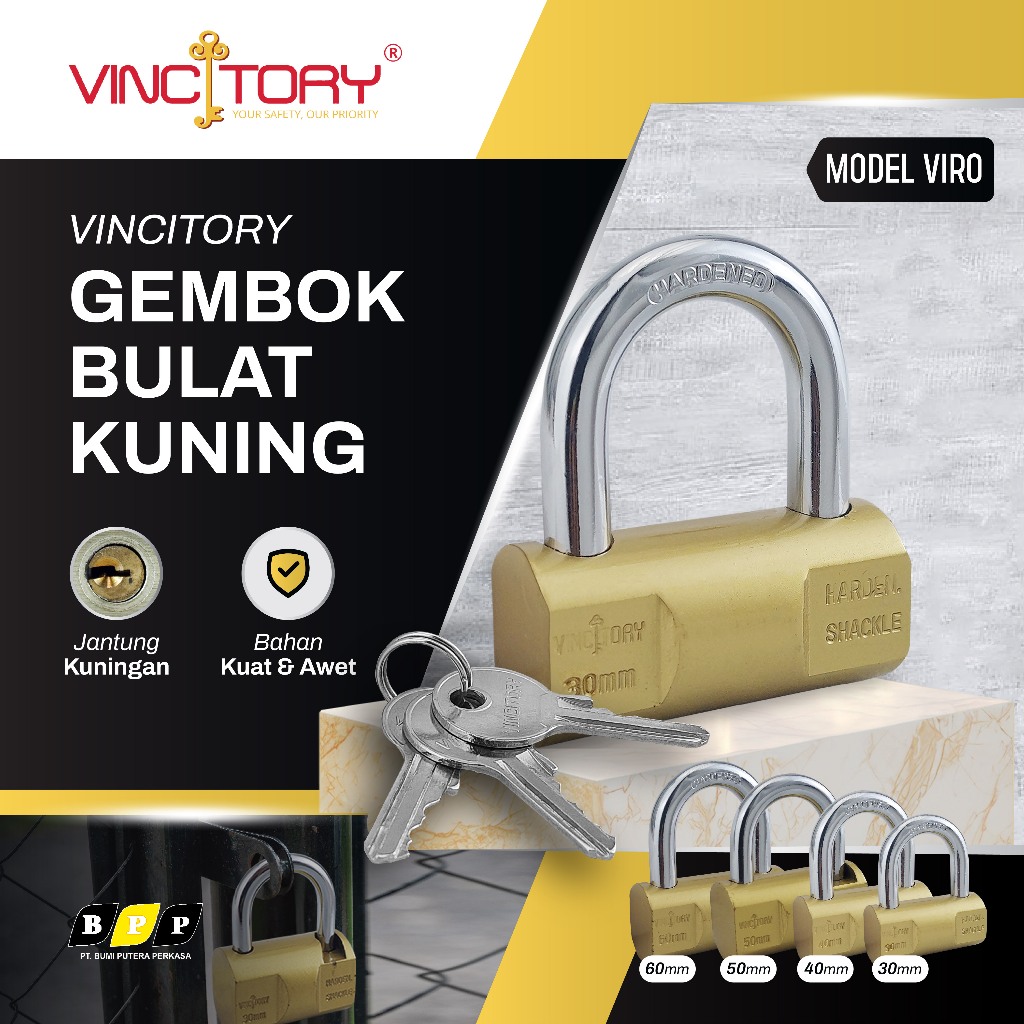 Gembok Gerbang Bulat Viro Leher Pendek Gold 3 Anak Kunci VINCITORY | Gembok Pagar | Gembok Pengaman 